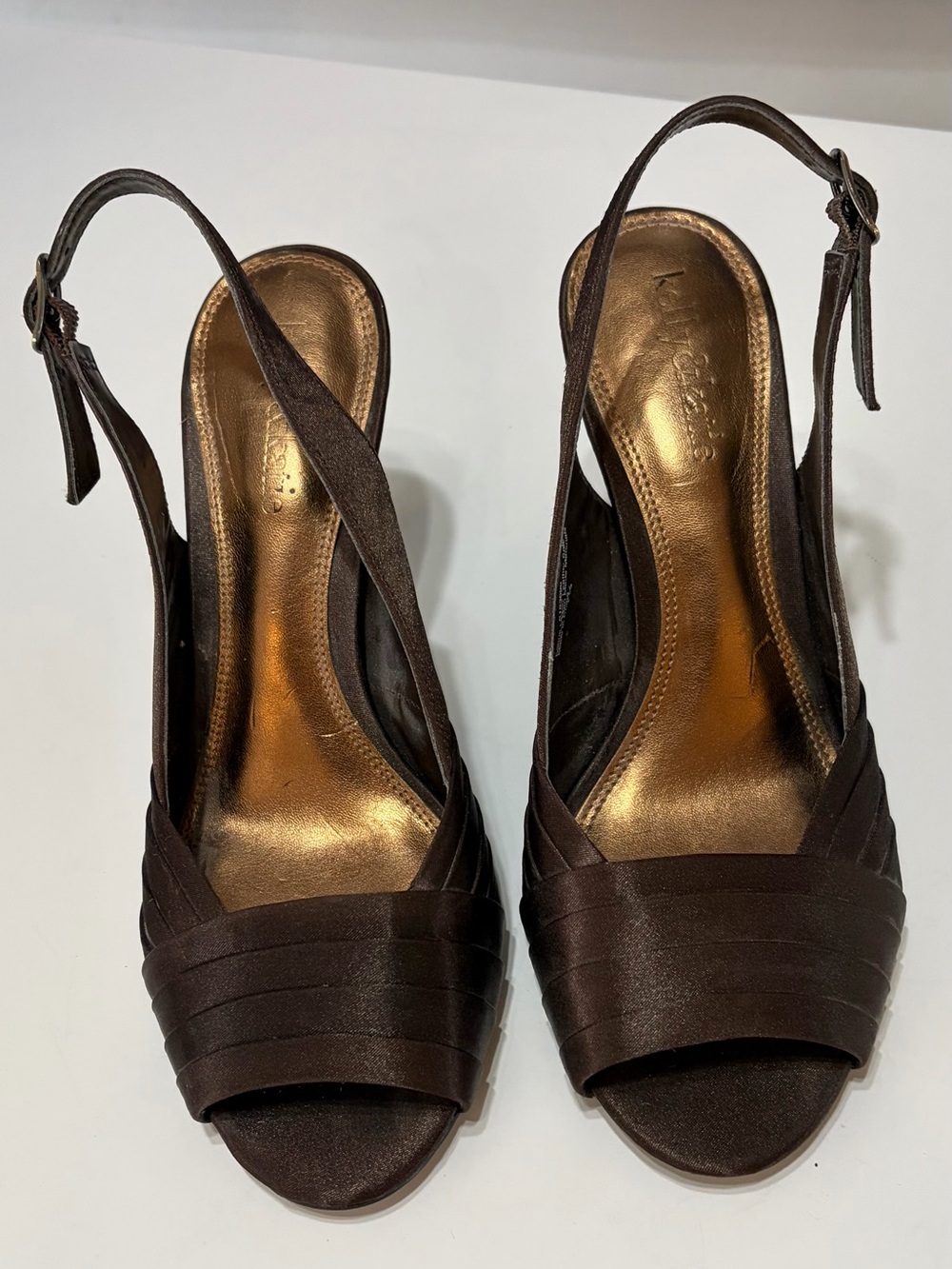 Kelly & Katie Dark Brown Satin Slingback Peep-Toe Heels